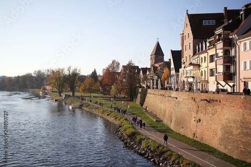 walking path way nearby the Danube river and state park of ancient Ulm old city wall, Germany, Baden-Württemberg, Travel destination advertisement backgrounds