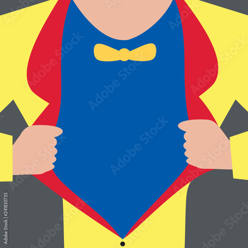 Flat design business Vector Illustration concept copy text for esp Web banners promotional material mock up template. Man wearing Formal Suit Opening Half of his Tuxedo Jacket Coat wider