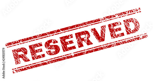 RESERVED seal print with grunge texture. Red vector rubber print of RESERVED label with unclean texture. Text label is placed between double parallel lines.