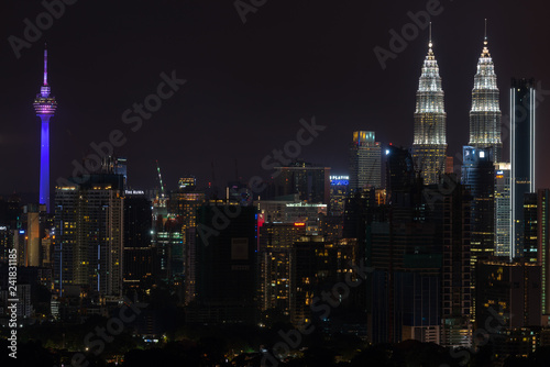 KUALA LUMPUR, MALAYSIA - 31st DEC 2018; Night view of downtown Kuala Lumpur, a capital of Malaysia. Its modern skyline is dominated by the 451m-tall Petronas Twin Towers. 
