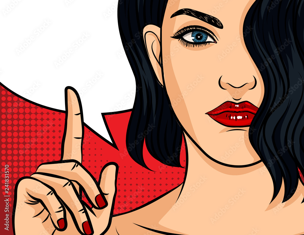 Color vector pop art comic style illustration. Girl with red lipstick on  red dotted background. Beautiful young woman points finger up. Girl making  hand gesture. Brunette girl with wavy hair Stock Vector
