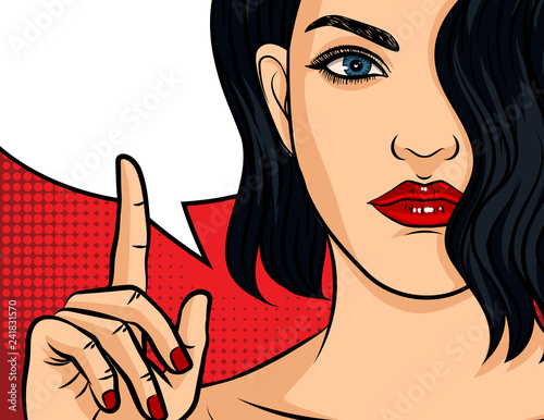 Color vector pop art comic style illustration. Girl with red lipstick on red dotted background. Beautiful young woman points finger up. Girl making hand gesture. Brunette girl with wavy hair