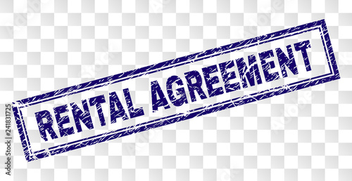 RENTAL AGREEMENT stamp seal print with rubber print style and double framed rectangle shape. Stamp is placed on a transparent background.