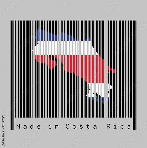 Barcode set the shape to Costa Rica map outline and the color of Costa Rica flag on black barcode with grey background.