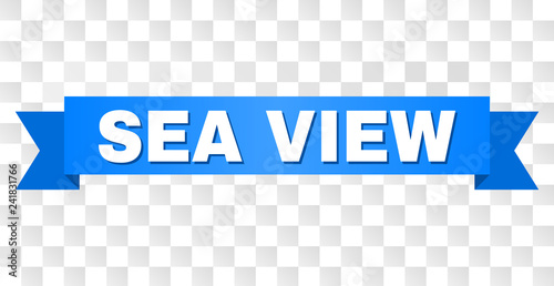 SEA VIEW text on a ribbon. Designed with white caption and blue stripe. Vector banner with SEA VIEW tag on a transparent background.