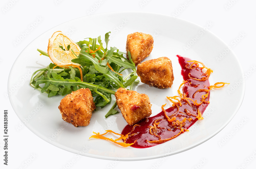Camembert grill with arugula. On white background Camembert grill with arugula. On white background