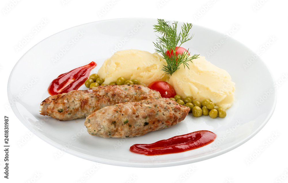 Children's menu. Veal chops with mashed potatoes. On white background Children's menu. Veal chops with mashed potatoes. On white background