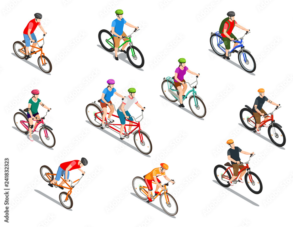 Naklejka premium Cyclists Isometric Icons Set