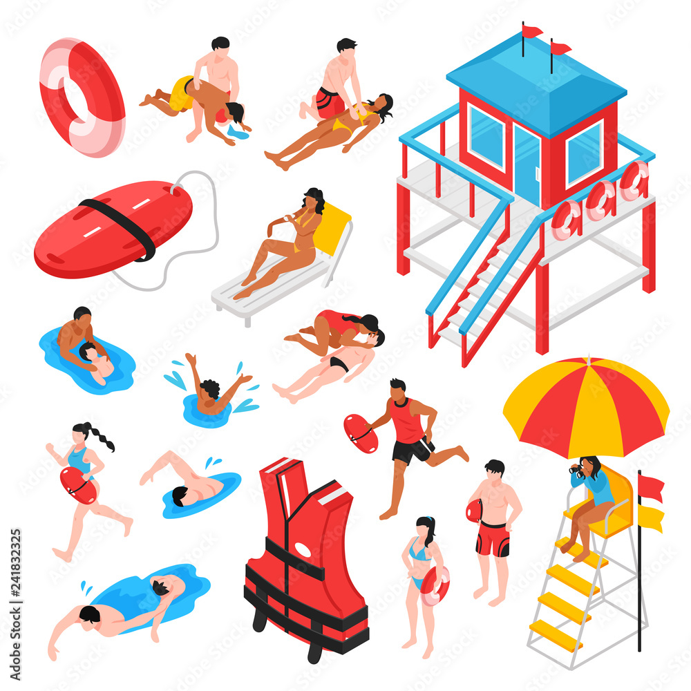 Beach Lifeguard Isometric Set Beach Lifeguard Isometric Set