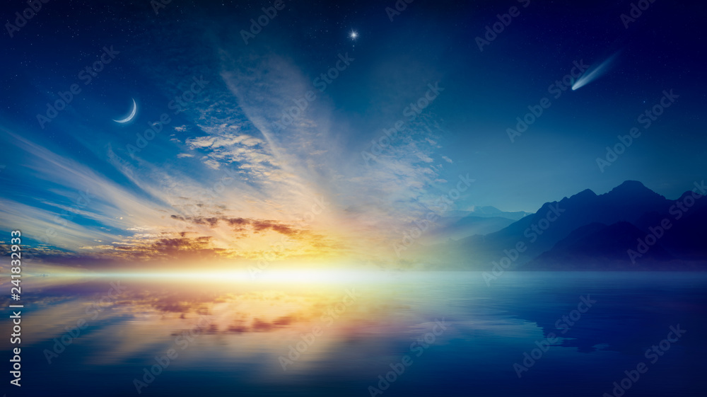Crescent moon, glowing clouds, bright star and comet above serene sea