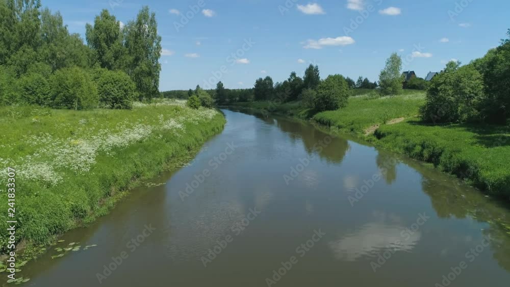 Aerial view summer landscape, river among trees. countryside, the banks of the river are covered with greenery, against the sky and clouds. Aerial view summer landscape, river among trees. countryside, the banks of the river are covered with greenery, against the sky and clouds.