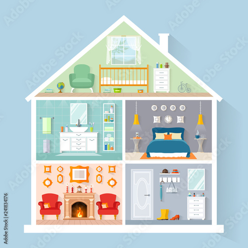 House model from the inside. Detailed interiors with furniture and decor in flat style. Vector house in a cut.