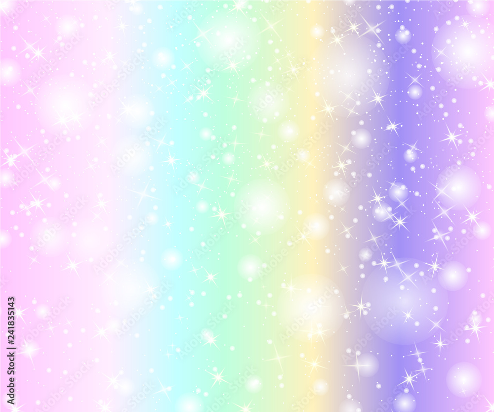 Unicorn rainbow background. Holographic sky in pastel color. Bright mermaid pattern in princess colors. Vector illustration. Fantasy gradient colorful backdrop with rainbow mesh.