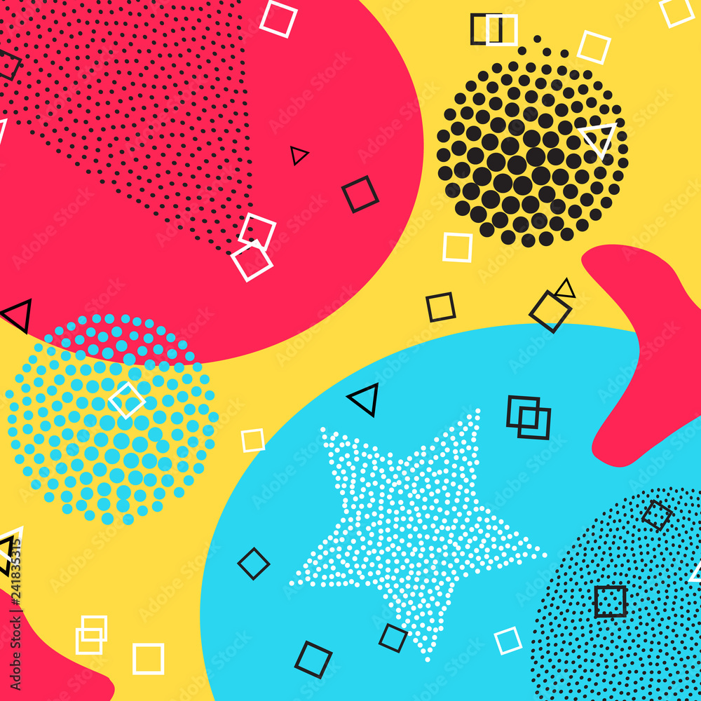 Memphis pattern of geometric shapes for tissue and postcards. Vector Illustration. Hipster style. Abstract colorful funky background. Memphis pattern of geometric shapes for tissue and postcards. Vector Illustration. Hipster style. Abstract colorful funky background.