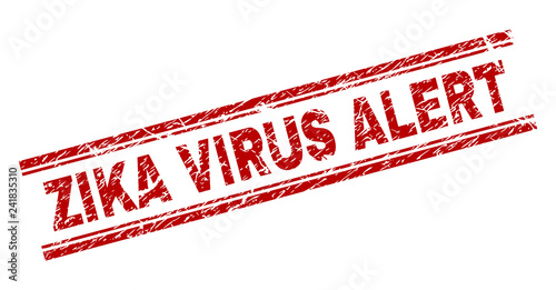 ZIKA VIRUS ALERT seal print with corroded texture. Red vector rubber print of ZIKA VIRUS ALERT title with corroded texture. Text title is placed between double parallel lines.
