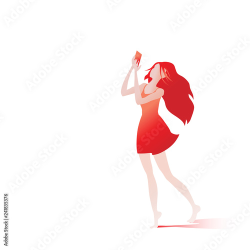 The girl in red is happy. The girl rejoices received Valentine. Love and happiness emotions. Character isolated. Vector illustration. 