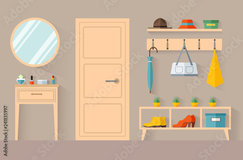 Hallway in a flat style. The interior design of the anteroom. Vector room with furniture and decor from the inside. © Ansty art
