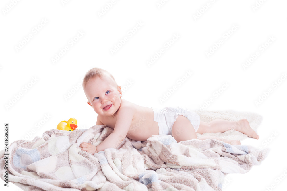 Happy little baby boy smiling and crawling Happy little baby boy smiling and crawling