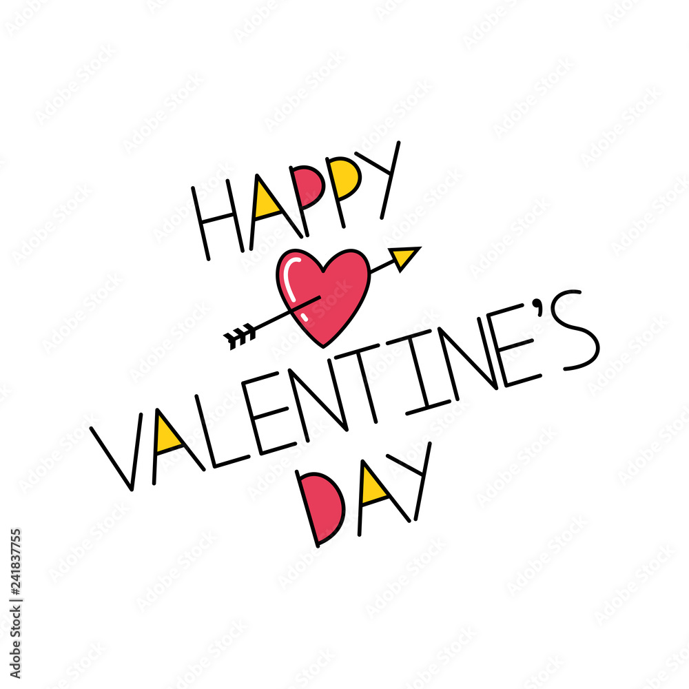 Happy Valentine's Day lettering on a white background. Symbol of love heart with an arrow.