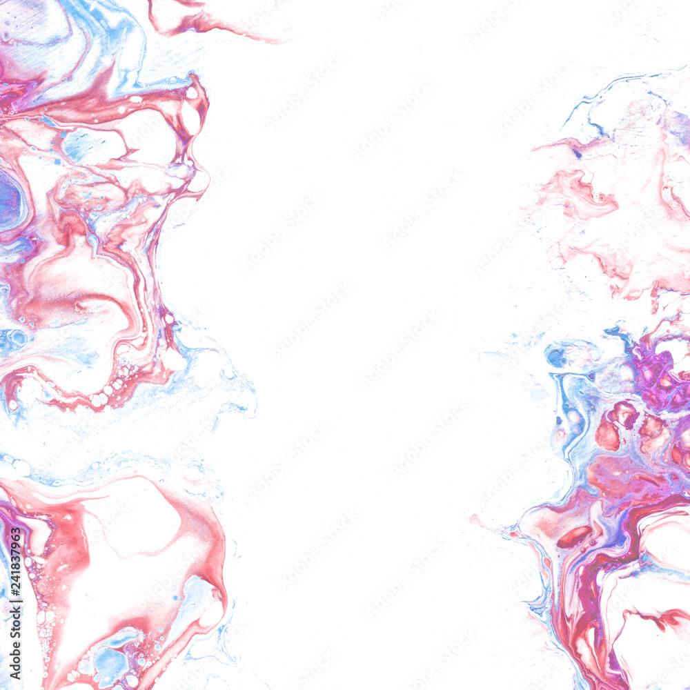 Very nice texture background. Blue paint flows in purple and pink on white background. The style includes marble swirls or agate ripples with bubbles and cages.