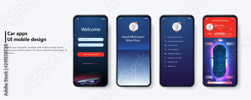  Clean Mobile UI Design  Concept. Car Servicing mobile app UI, UX, GUI kit including Sign In, Sign Up, Home, Menu, Service Type. Futuristic user interface. HUD UI.  Trendy Holographic Gradients.Vector