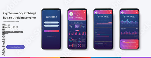 Mobile app infographic template with modern design weekly and annual statistics graphs. Pie charts, workflow, web design, UI elements. Vector EPS 10