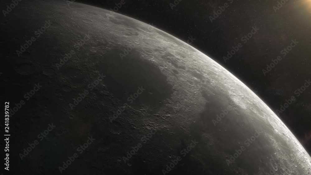 Moon seen from space. Two shots included. Orbiting the moon and overhead view. Texture maps and space images courtesy of NASA (www.nasa.gov)