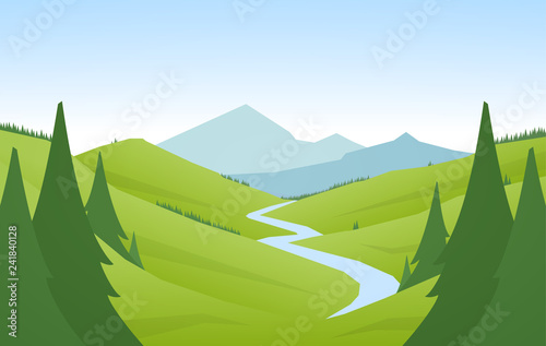 Vector illustration: Cartoon flat summer mountains landscape with green hills, pine forest and river