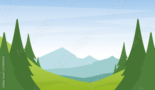 Vector illustration: Cartoon flat summer mountains landscape with green hills and pine forest on foreground.