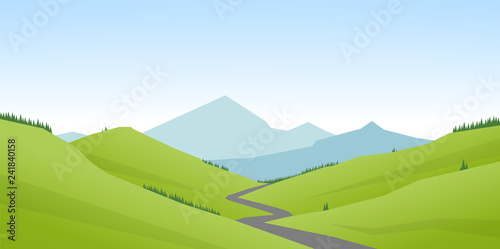 Vector illustration: Cartoon flat summer mountains landscape with green hills and road.