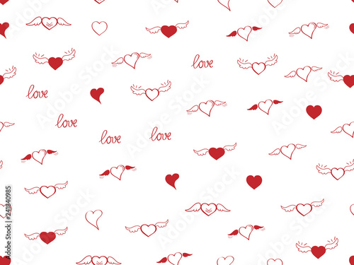 Seamless pattern with heart. Hand drown sketch hearts with wings and love. Happy Valentines day background. Heart and love background. Red love heart on white background. Vector design greeting card