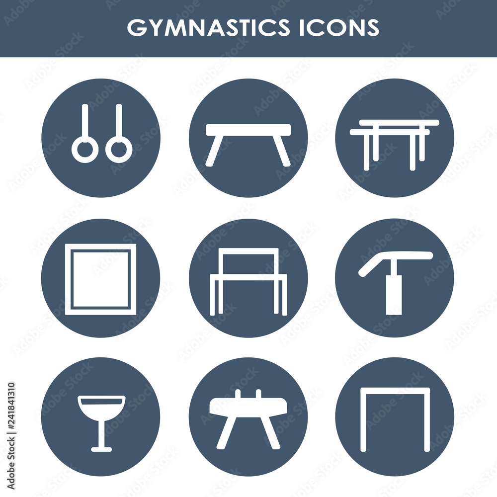 Gymnastics equipment icons set. Cartoon set of gymnastics