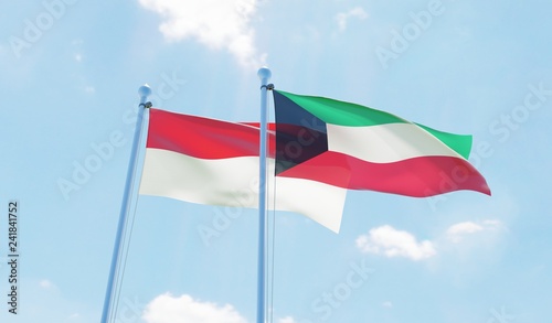Indonesia and Kuwait, two flags waving against blue sky. 3d image