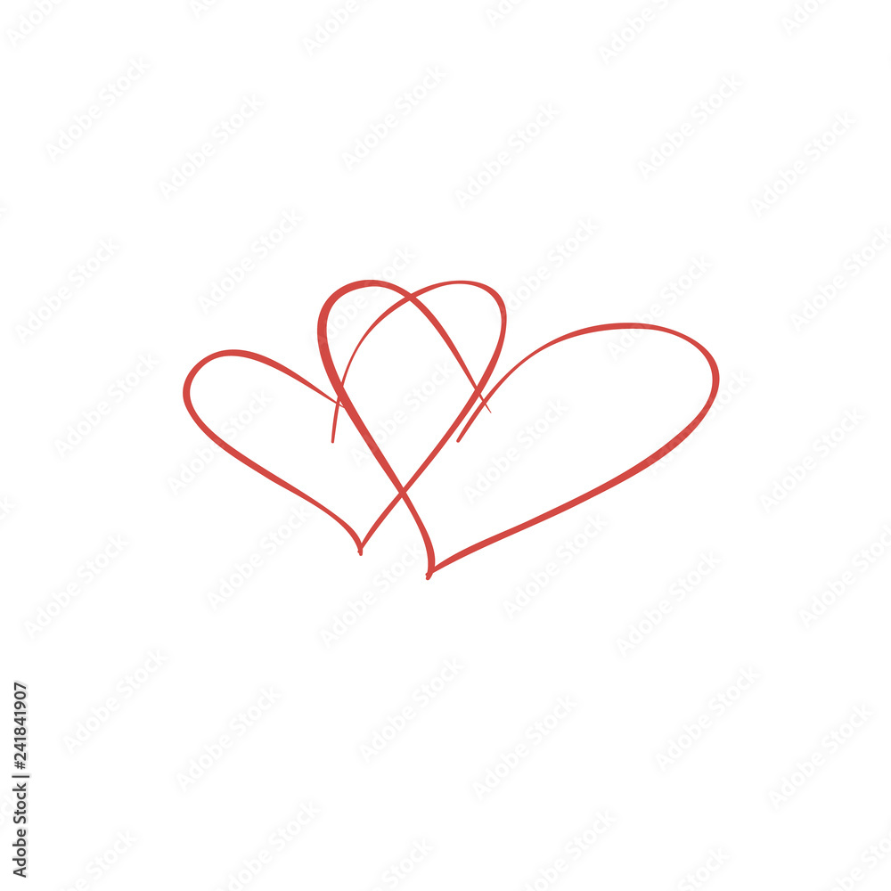 two hand drawn red intertwined hearts shape composition, Valentine day design concept. vector illustration