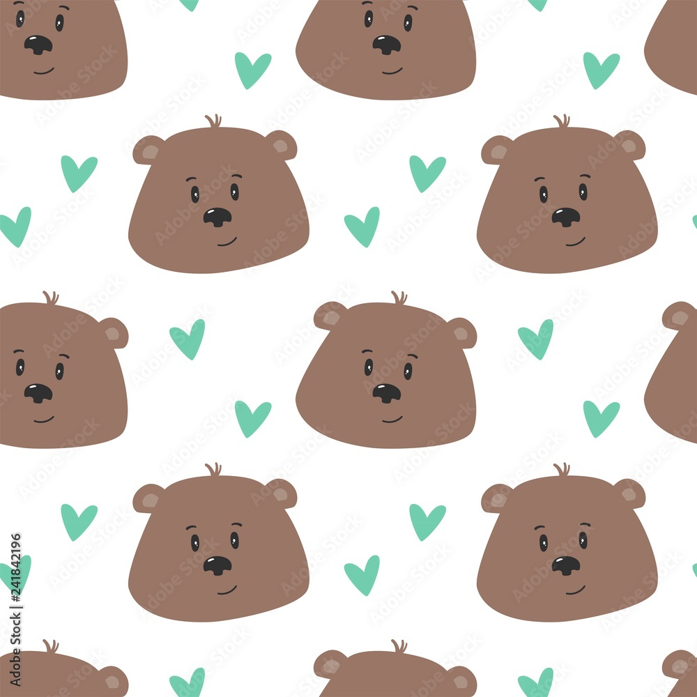Seamless pattern with cute bear, print for kids. Vector illustration.