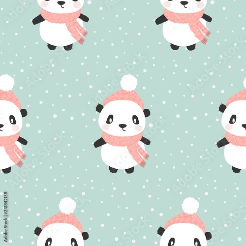 Happy cartoon panda. Character christmas panda. Cute seamless pattern with panda in a hat and scarf in winter. Vector illustration.