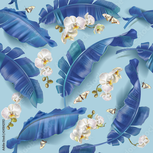 Vector pattern with banana leaves and orchid