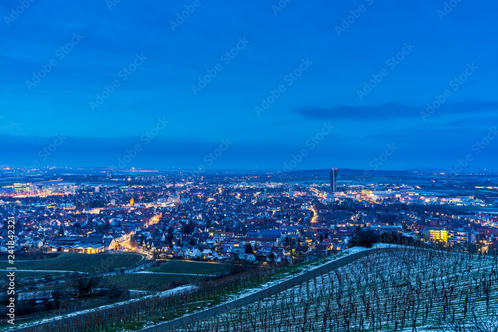 Germany, Fellbach city in blue hour mood from above in winter time