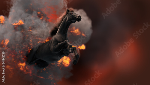 Black running horse on orange fire background