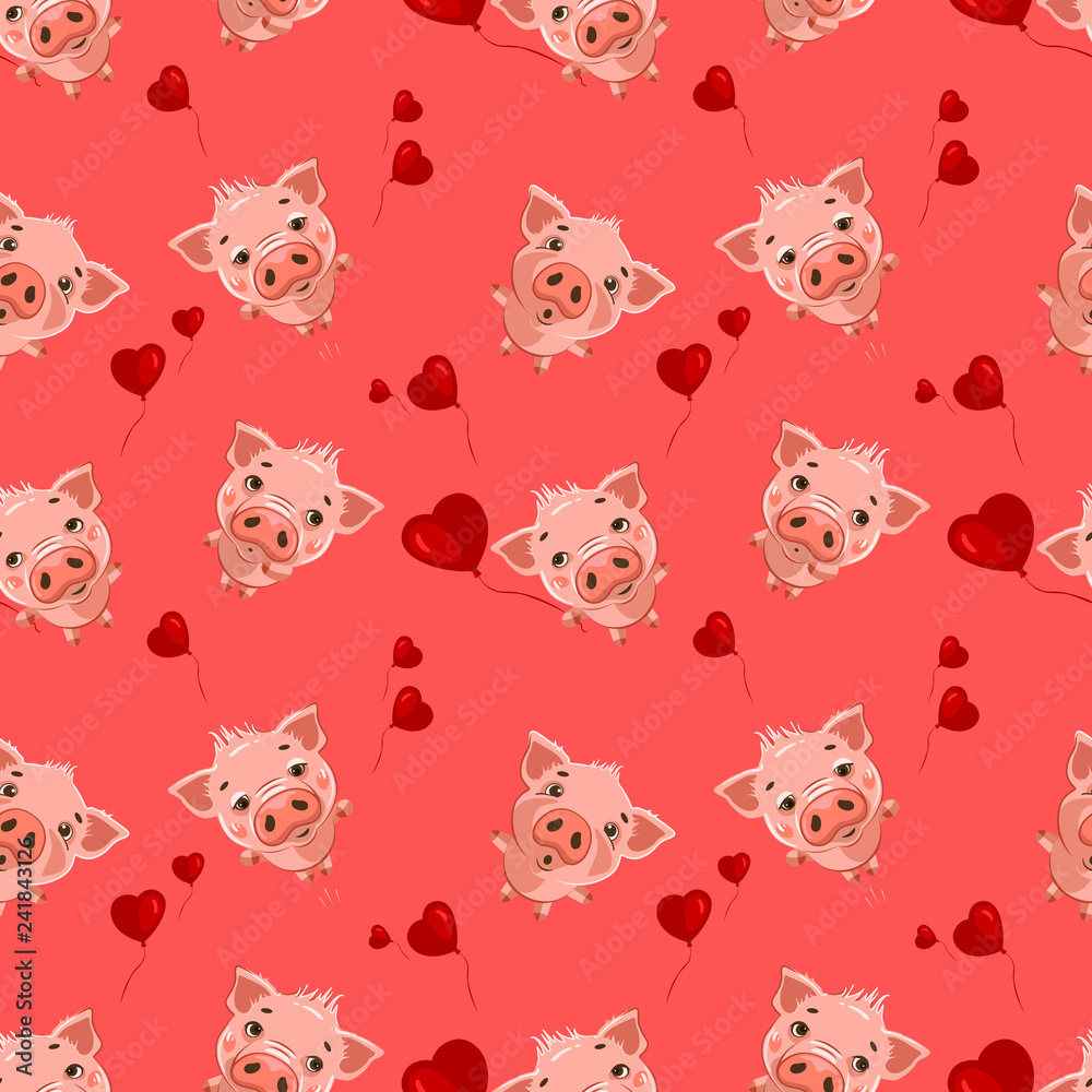 Seamless pattern with cute little emoji pigs and a hearts.  Vector  seamless pattern for Valentine's Day.