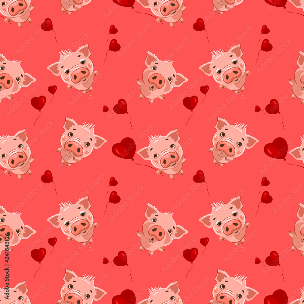 Fototapeta premium Seamless pattern with cute little emoji pigs and a hearts. Vector seamless pattern for Valentine's Day.