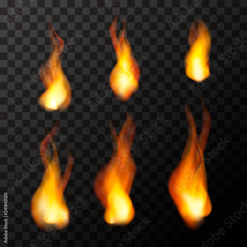 Set of bright fire flames on transparent