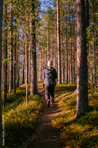 Blonde woman hiking in forest © Mikko