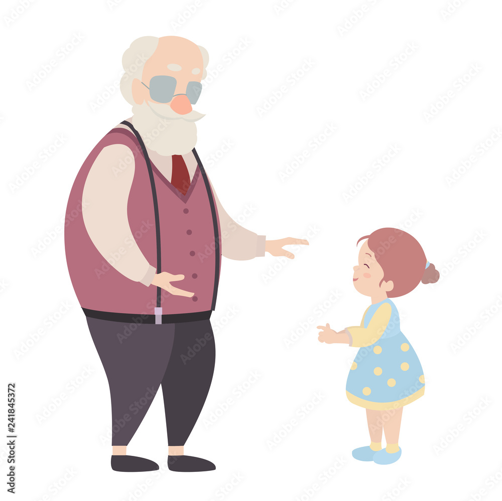 Grandfather and granddaughter cartoon characters on white background.