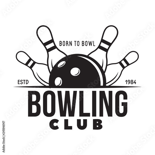 Vector vintage monochrome style bowling logo, icon, symbol. Bowling ball and bowling pins illustration. Trendy design elements.