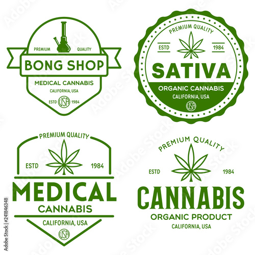 Set of Modern vintage cannabis logo labels badges templates. Medical marijuana logotypes.