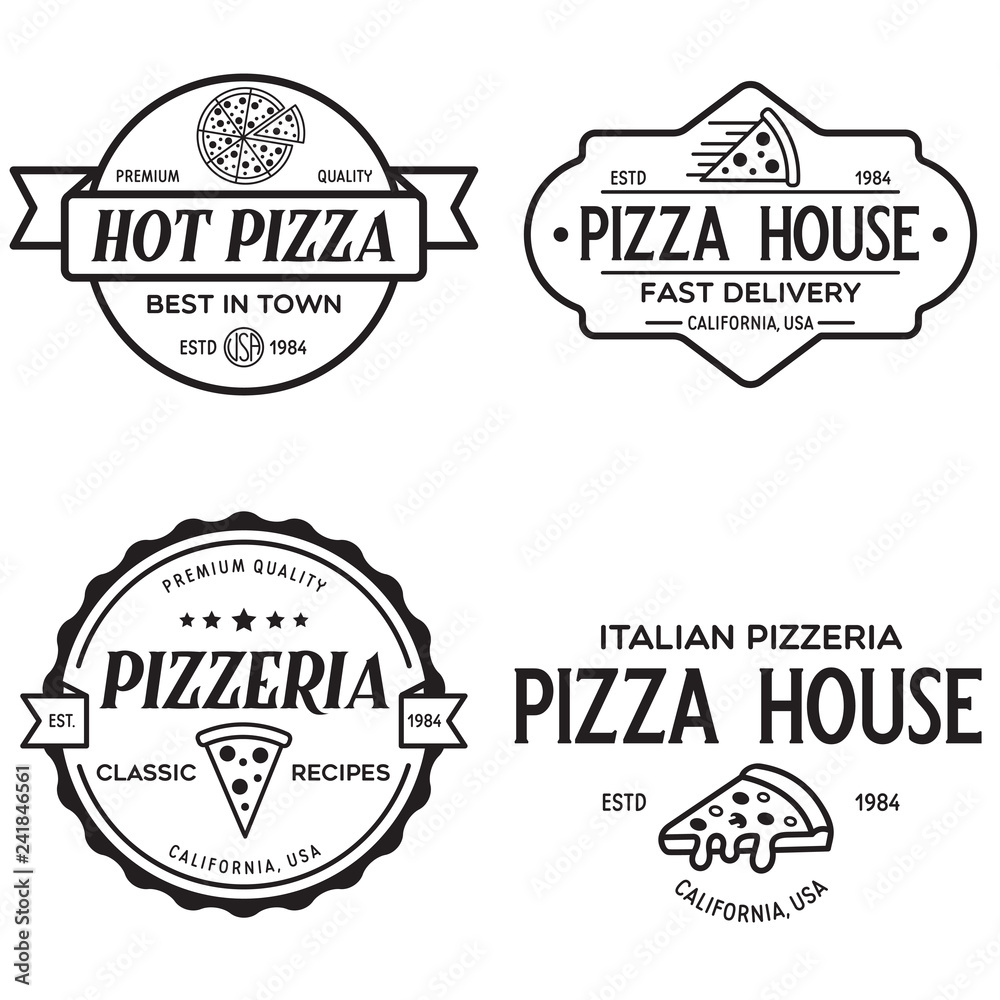 Set of pizza logo, badges, banners, emblems for fast food restaurant. Collection labels for menu design restaurant or pizzeria.
