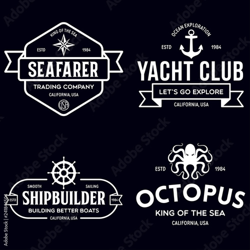 Set of sea and nautical typography badges and design elements. Templates for company logo. Marine cruise, yacht club, trading companym, shipbuilding and other themes.