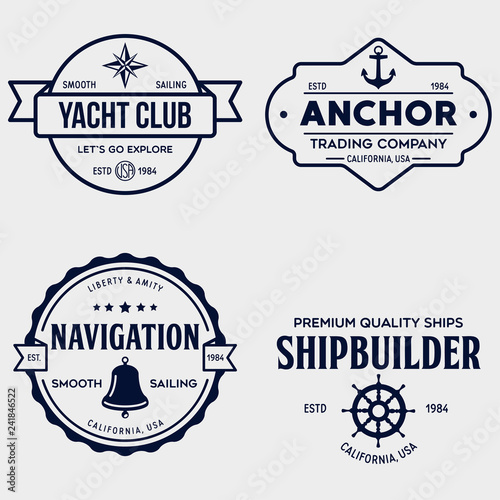 Set of sea and nautical typography badges and design elements. Templates for company logo. Marine cruise  yacht club  trading companym  shipbuilding and other themes.