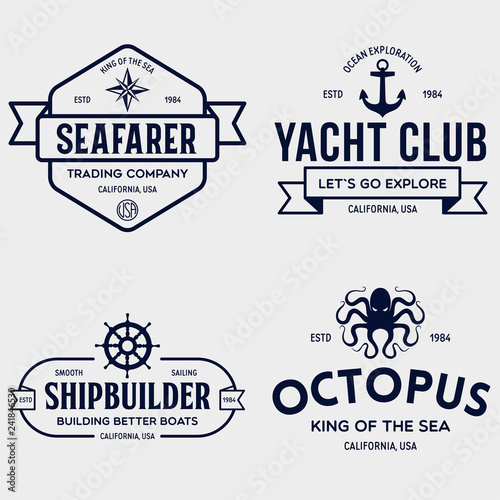 Set of sea and nautical typography badges and design elements. Templates for company logo. Marine cruise, yacht club, trading companym, shipbuilding and other themes.